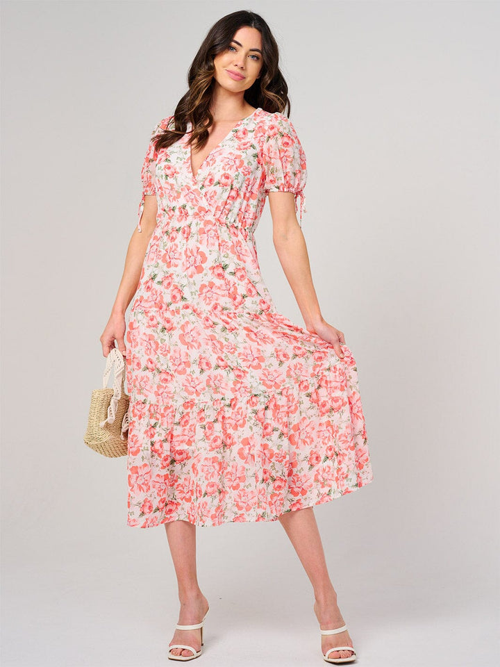 WOMEN'S SHORT SLEEVE SURPLICE FLORAL MIDI DRESS