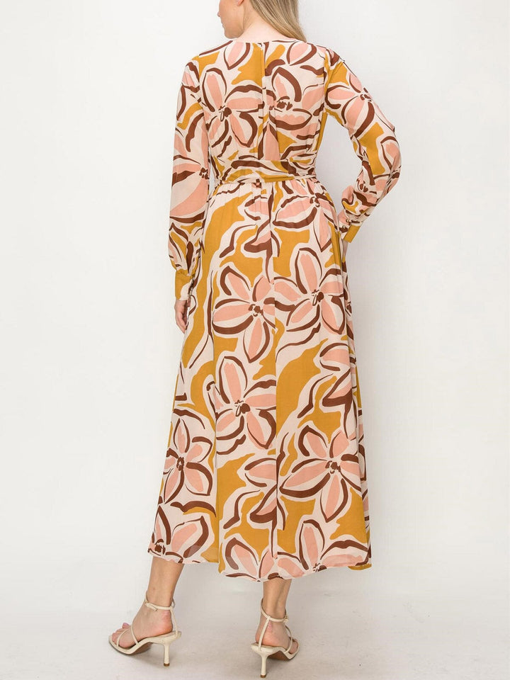 WOMEN'S LONG SLEEVE MULTI PRINT SURPLICE MAXI DRESS