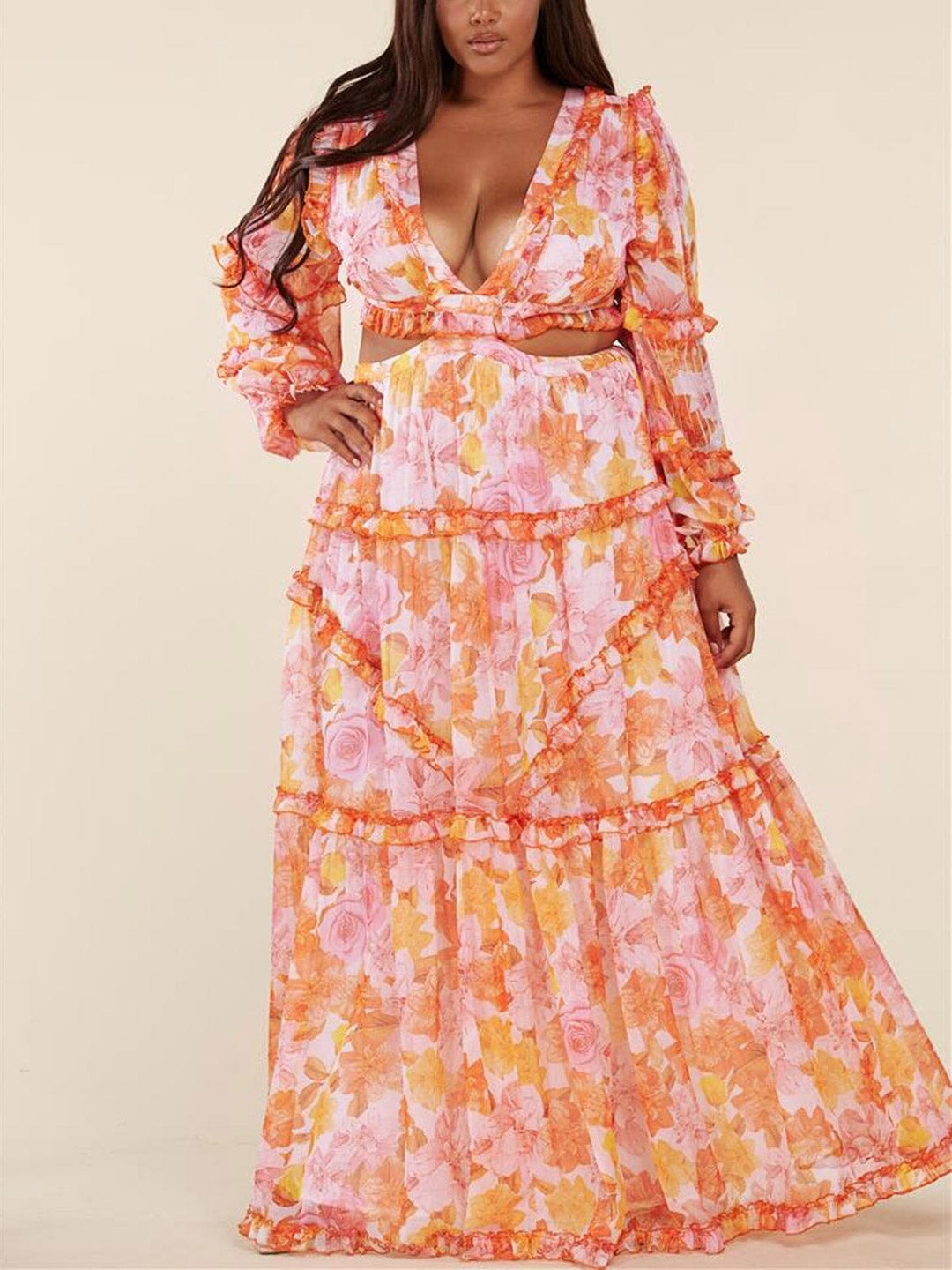 PLUS SIZE LONG SLEEVE V-NECK CUT OUT BACK LACE UP MAXI DRESS