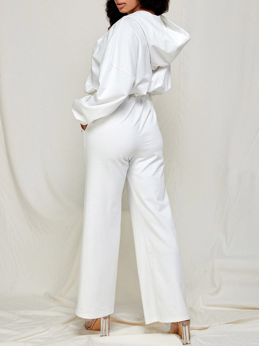 WOMEN'S LONG SLEEVE ZIP UP HOODED WIDE LEG JUMPSUIT