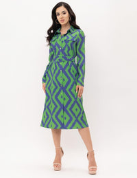 WOMEN'S LONG SLEEVE BUTTON UP POCKETS BELTED PRINTED MIDI DRESS