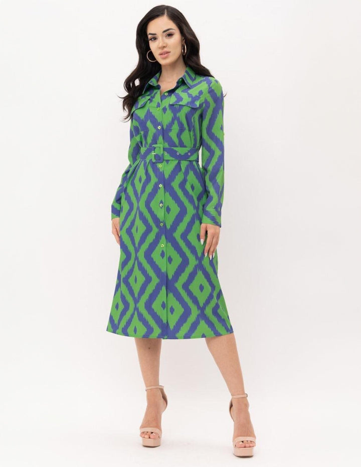 WOMEN'S LONG SLEEVE BUTTON UP POCKETS BELTED PRINTED MIDI DRESS