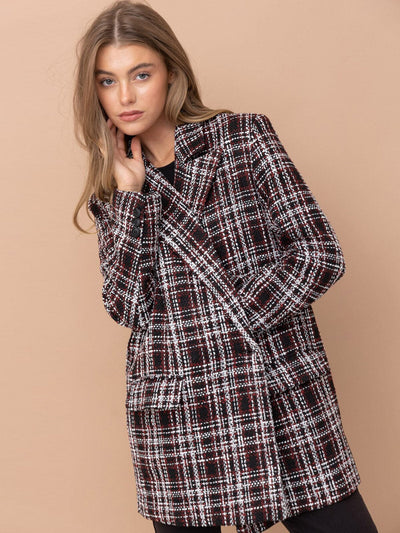 WOMEN'S LONG SLEEVE BUTTON CLOSURE POCKETS PLAID BLAZER