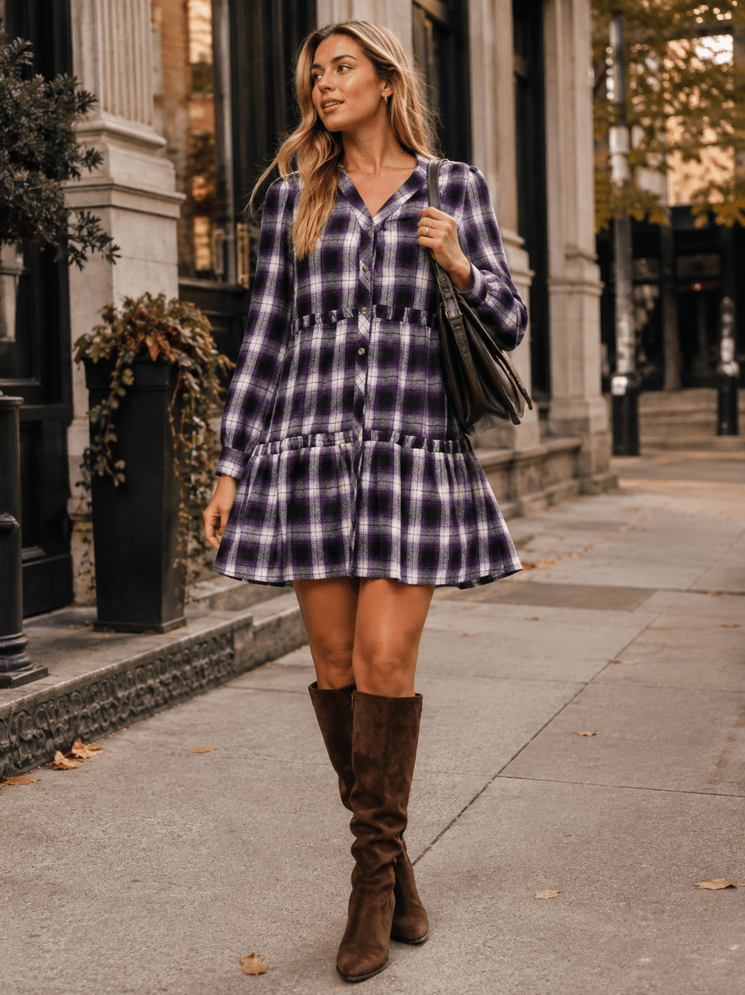 WOMEN'S LONG SLEEVE BUTTON UP LOOSE FIT PLAID MINI DRESS