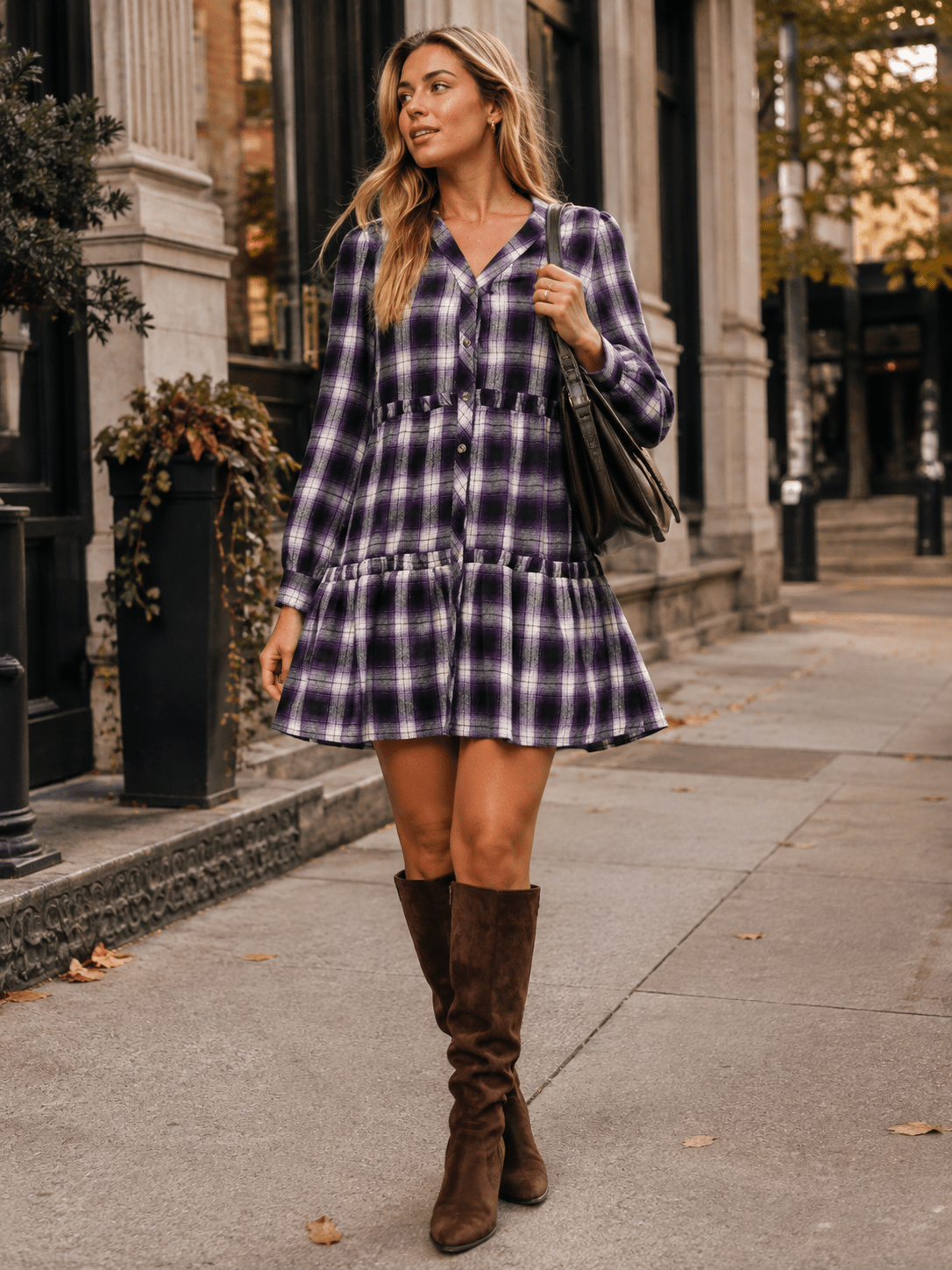 WOMEN'S LONG SLEEVE BUTTON UP LOOSE FIT PLAID MINI DRESS