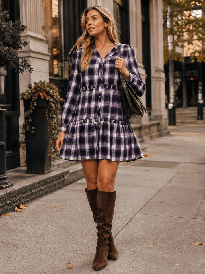 WOMEN'S LONG SLEEVE BUTTON UP LOOSE FIT PLAID MINI DRESS