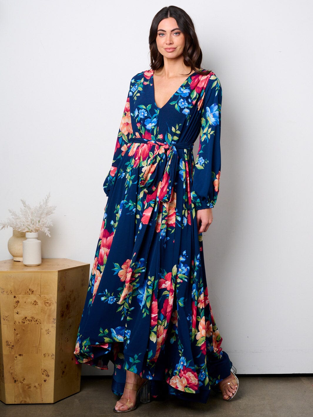 WOMEN'S LONG SLEEVE V-NECK SELF TIE FLORAL MAXI DRESS
