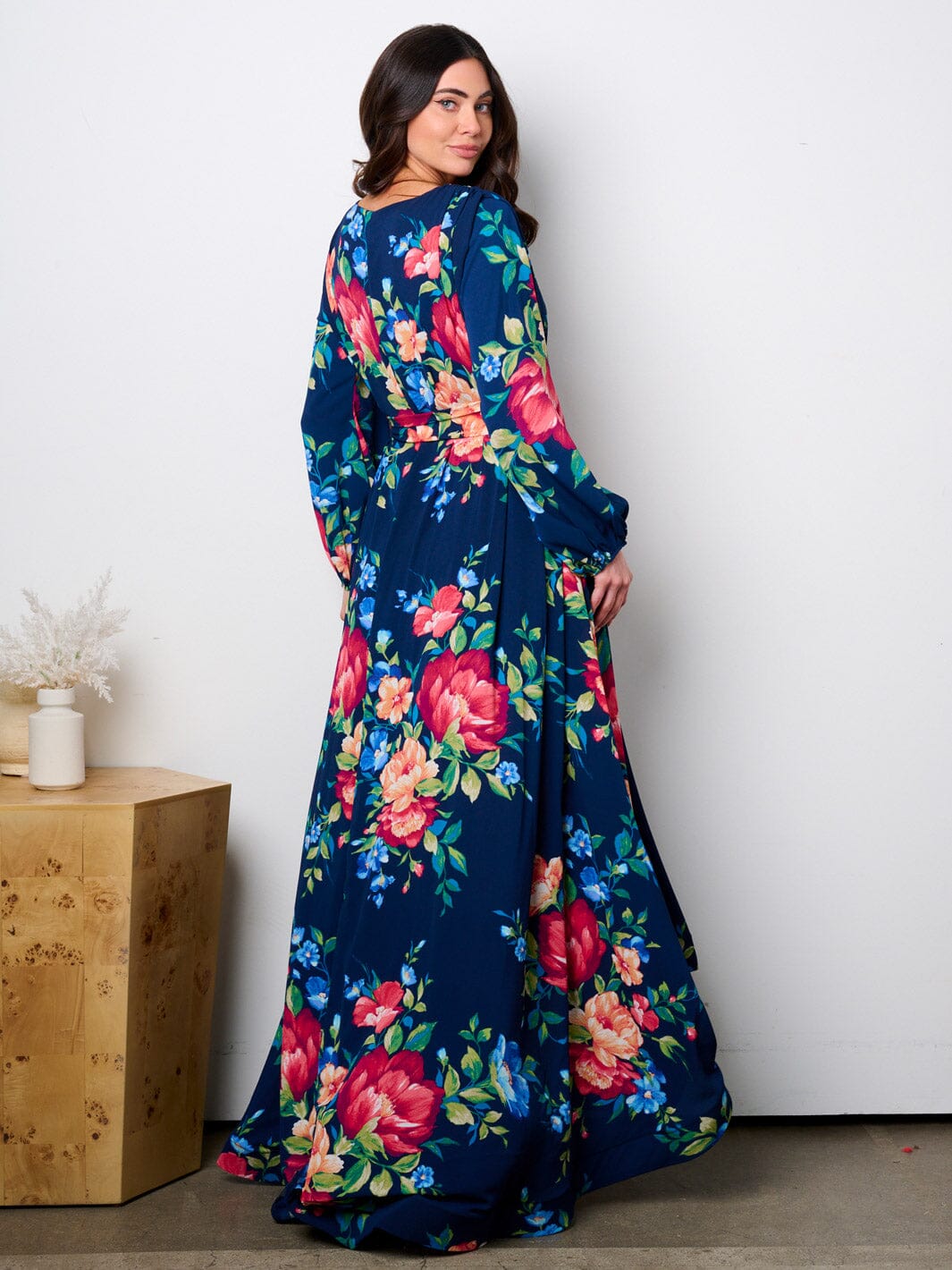 WOMEN'S LONG SLEEVE V-NECK SELF TIE FLORAL MAXI DRESS