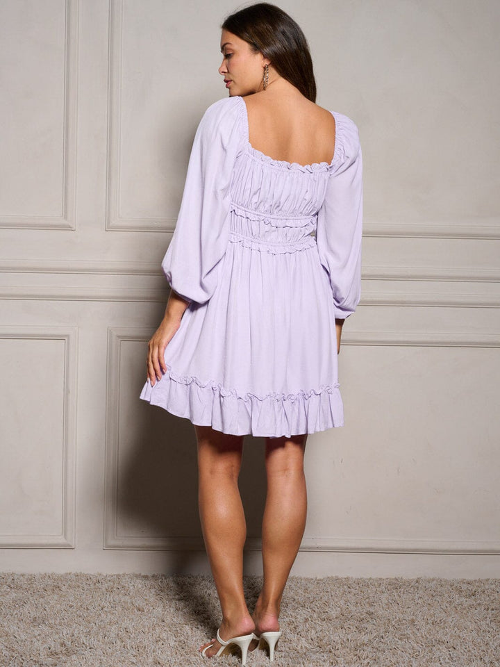 WOMEN'S LONG SLEEVE SQUARE NECK RUCHED RUFFLE MINI DRESS