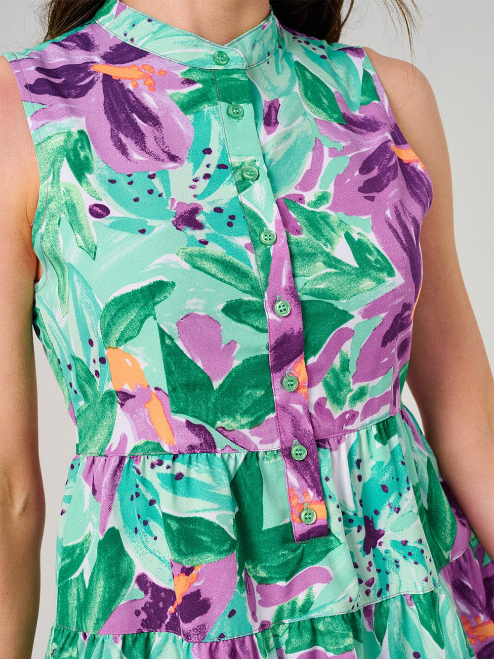 WOMEN'S SLEEVELESS BUTTON UP FRONT POCKETS FLORAL MINI DRESS