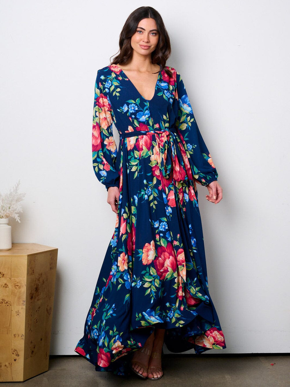 WOMEN'S LONG SLEEVE V-NECK SELF TIE FLORAL MAXI DRESS