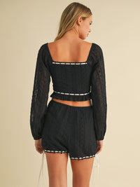WOMEN'S LONG SLEEVE CROP TOP & MINI SHORTS EYELET LACE UP 2PC. SET