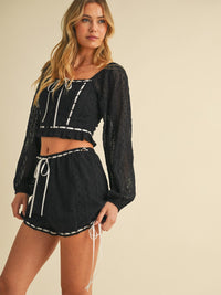 WOMEN'S LONG SLEEVE CROP TOP & MINI SHORTS EYELET LACE UP 2PC. SET