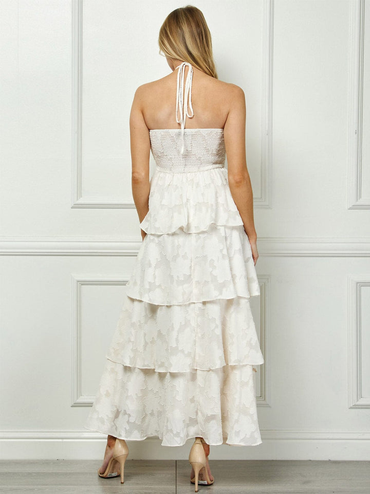 WOMEN'S SLEEVELESS HALTER NECK FLORAL RUFFLE TIERED MAXI DRESS