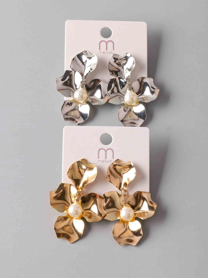 FASHION GOLD & SILVER FLOWER PEARL EARRINGS