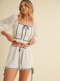 WOMEN'S LONG SLEEVE CROP TOP & MINI SHORTS EYELET LACE UP 2PC. SET