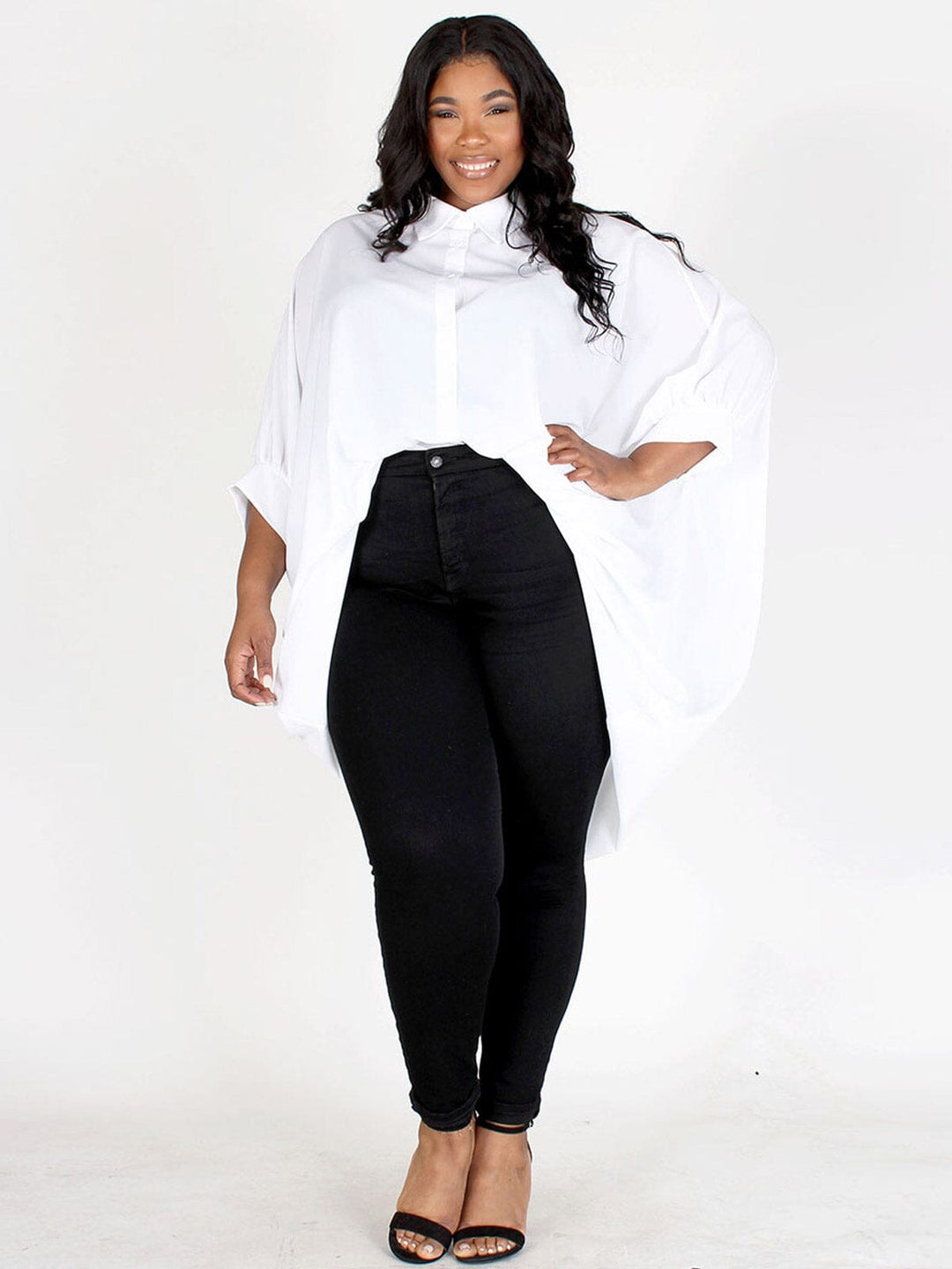 PLUS SIZE 3/4 SLEEVES BUTTON UP HIGH-LOW SOLID TUNIC TOP/DRESS