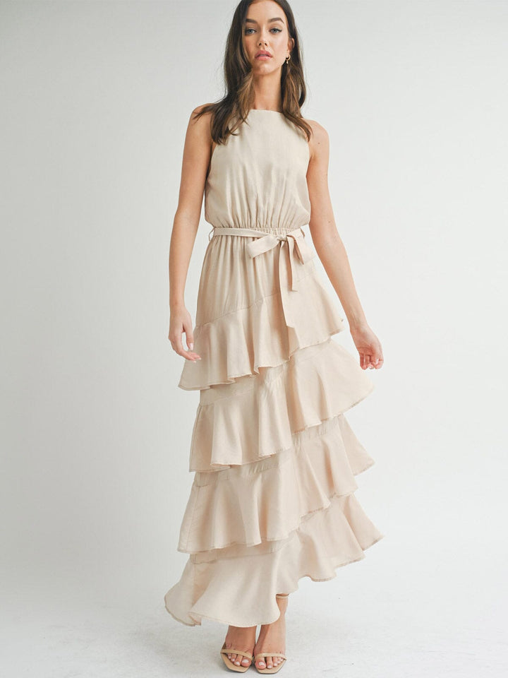 WOMEN'S SLEEVELESS TIERED RUFFLE MAXI DRESS