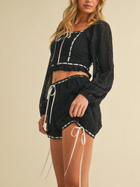 WOMEN'S LONG SLEEVE CROP TOP & MINI SHORTS EYELET LACE UP 2PC. SET