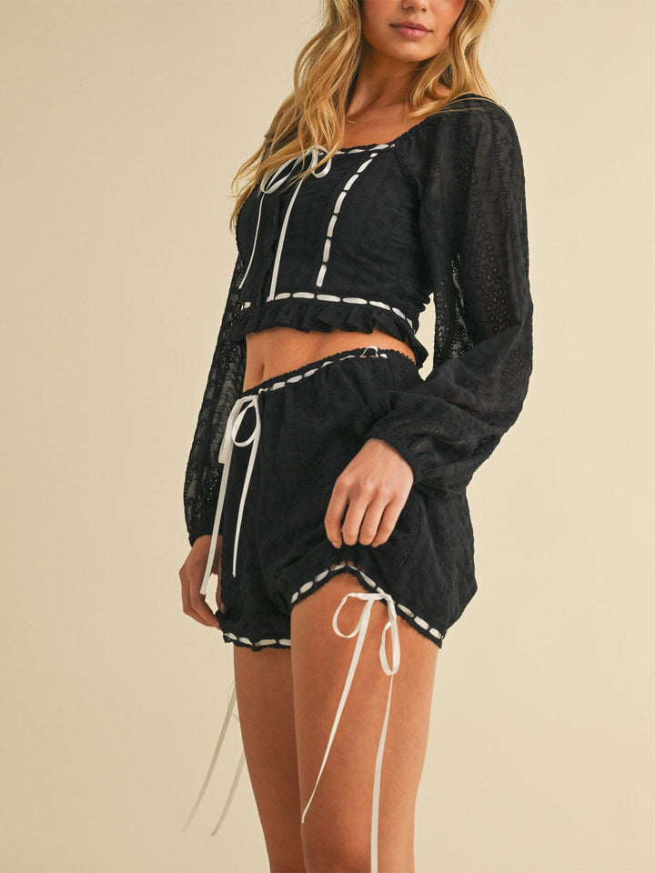 WOMEN'S LONG SLEEVE CROP TOP & MINI SHORTS EYELET LACE UP 2PC. SET