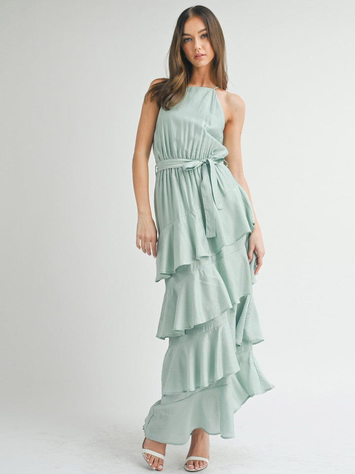 WOMEN'S SLEEVELESS TIERED RUFFLE MAXI DRESS