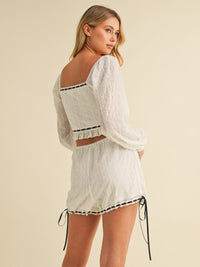 WOMEN'S LONG SLEEVE CROP TOP & MINI SHORTS EYELET LACE UP 2PC. SET