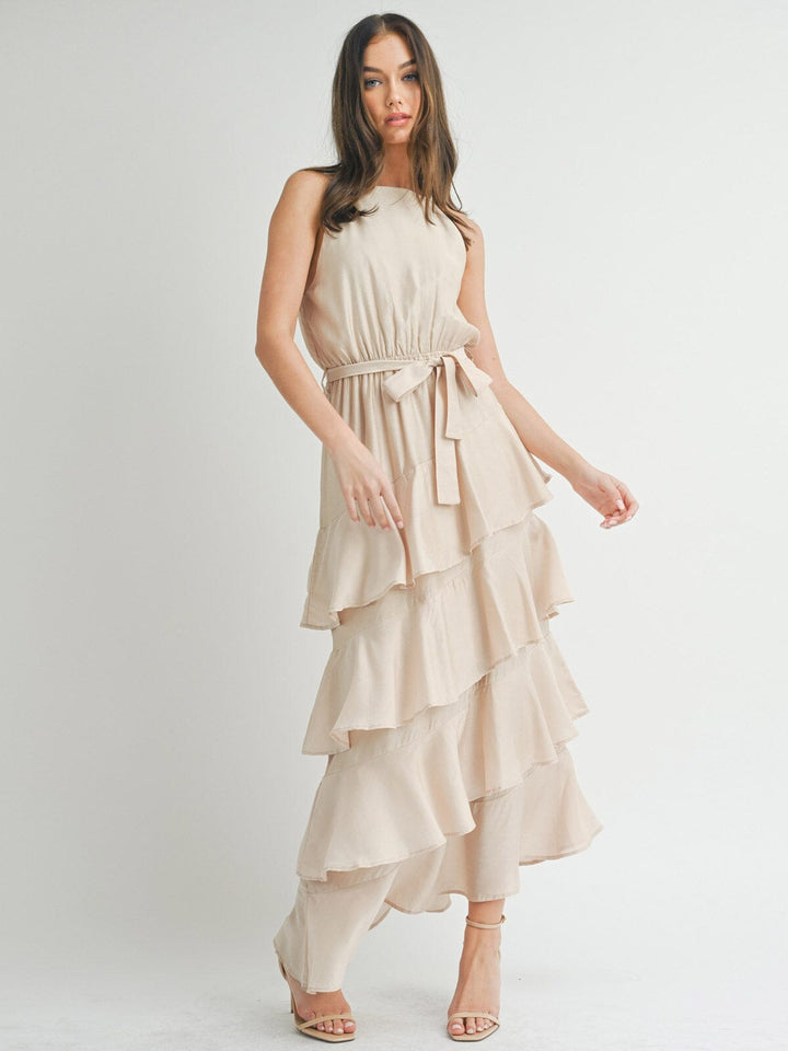 WOMEN'S SLEEVELESS TIERED RUFFLE MAXI DRESS