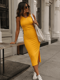 WOMEN'S SLEEVELESS SIDE SLIT RIBBED MIDI DRESS
