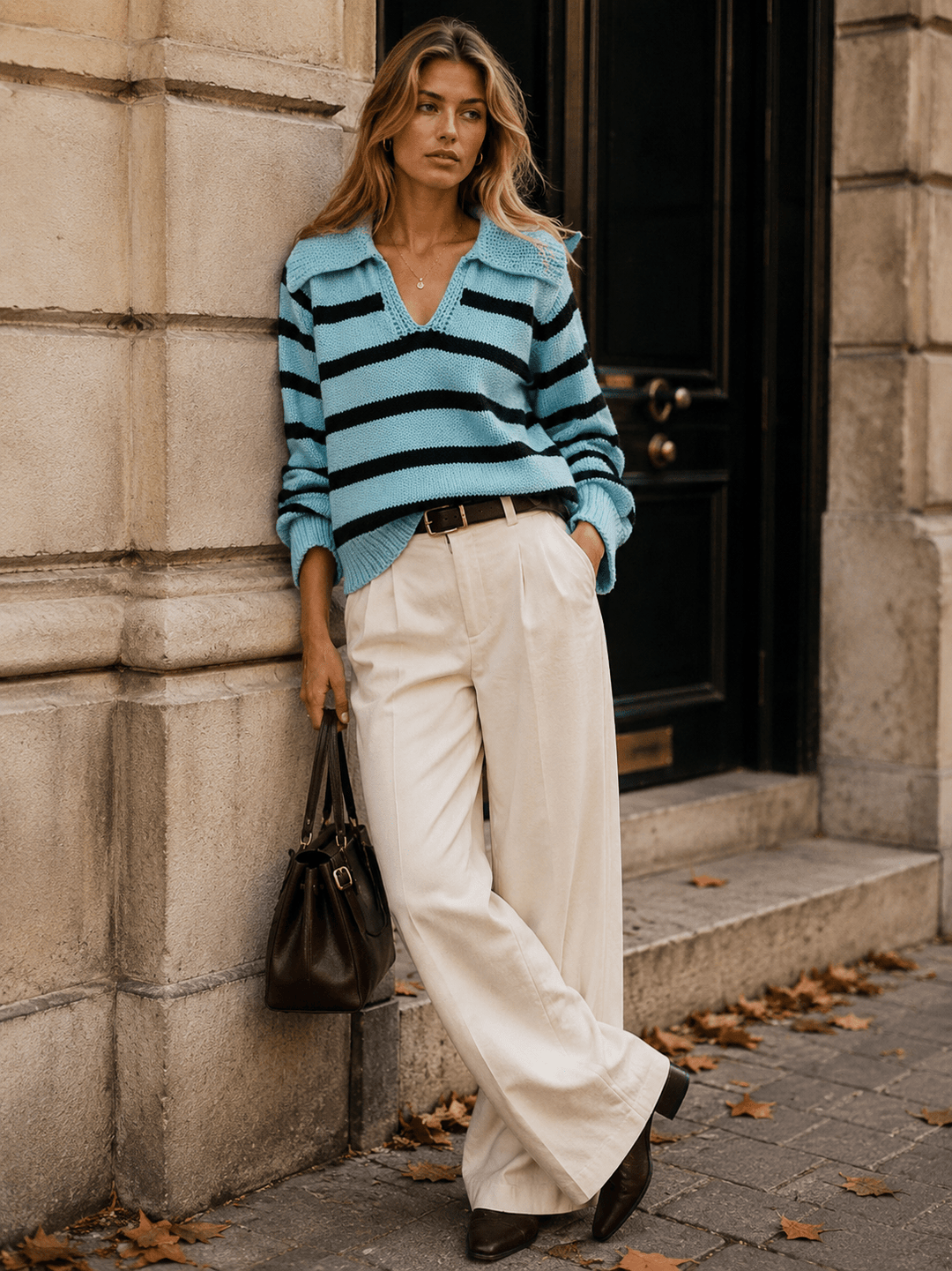 WOMEN'S LONG SLEEVE V-NECK COLORBLOCK STRIPES PULLOVER SWEATER