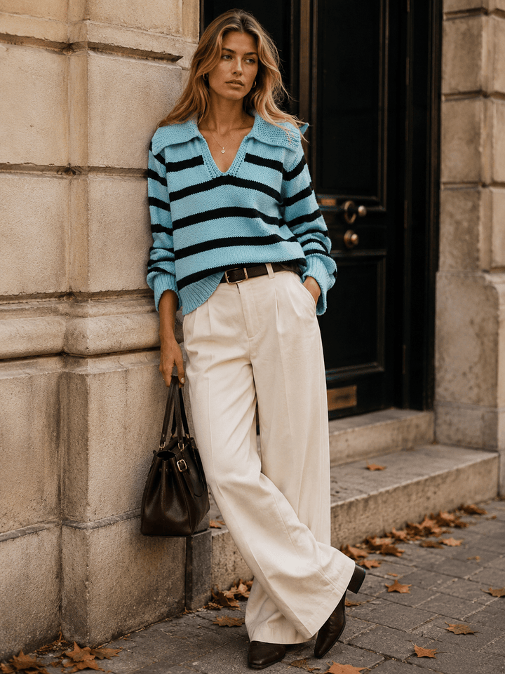 WOMEN'S LONG SLEEVE V-NECK COLORBLOCK STRIPES PULLOVER SWEATER