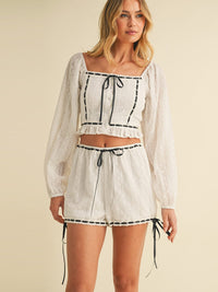 WOMEN'S LONG SLEEVE CROP TOP & MINI SHORTS EYELET LACE UP 2PC. SET