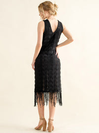 WOMEN'S SLEEVELESS V-NECK FRINGE BOTTOM HEM KNIT MIDI DRESS