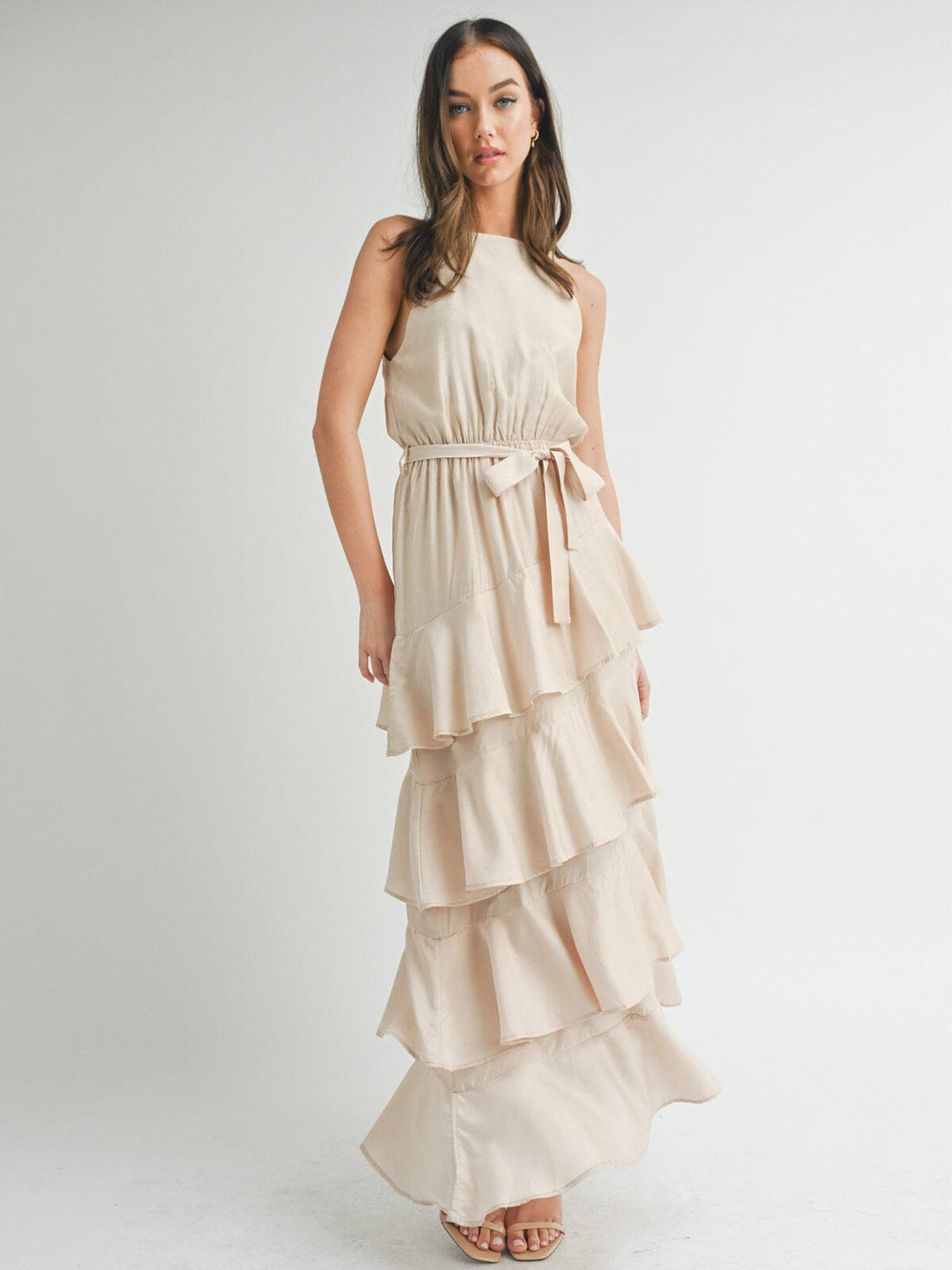 WOMEN'S SLEEVELESS TIERED RUFFLE MAXI DRESS