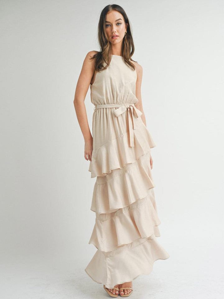 WOMEN'S SLEEVELESS TIERED RUFFLE MAXI DRESS