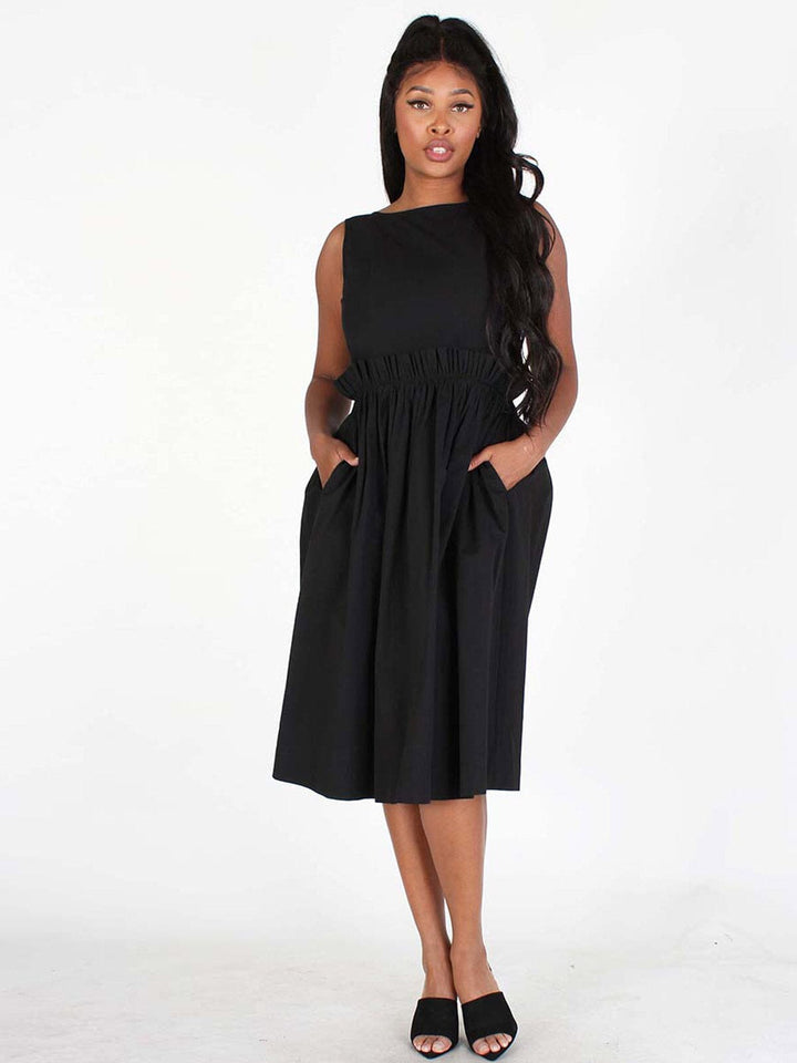 WOMEN'S SLEEVELESS BACK DETAILED FIT & FLARE MIDI DRESS