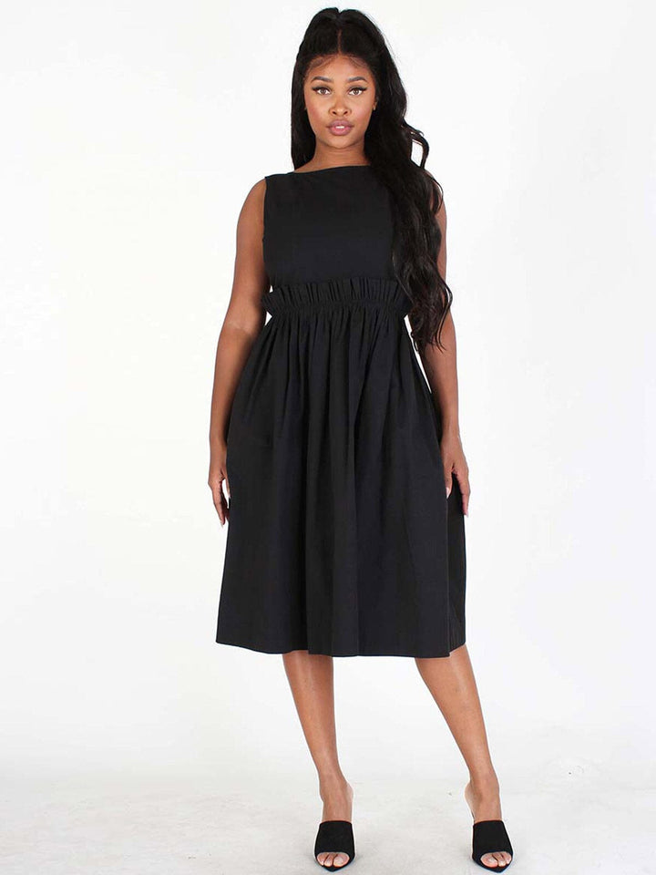 WOMEN'S SLEEVELESS BACK DETAILED FIT & FLARE MIDI DRESS
