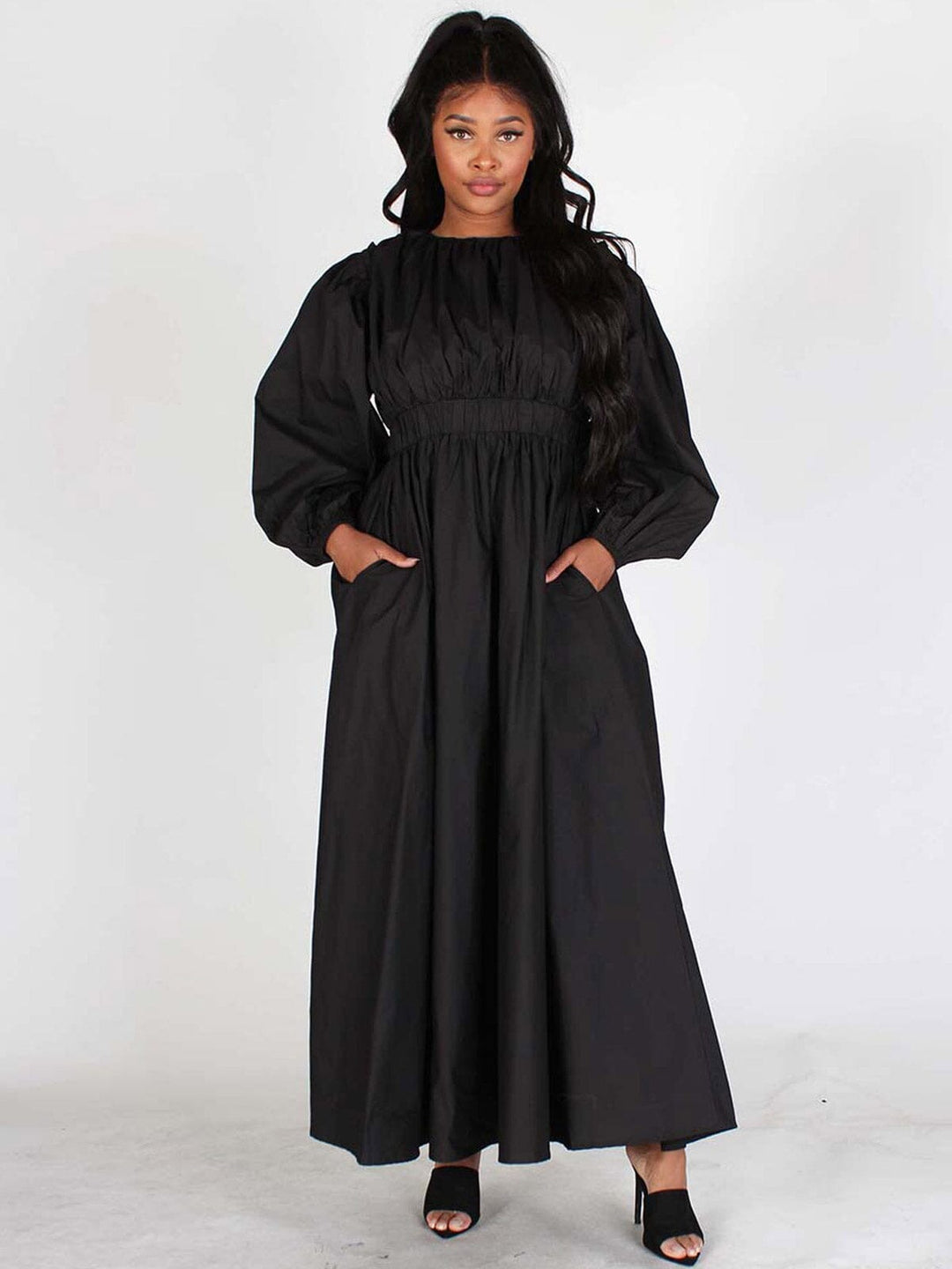 WOMEN'S REMOVABLE SLEEVES ELASTIC WAIST POCKETS MAXI DRESS