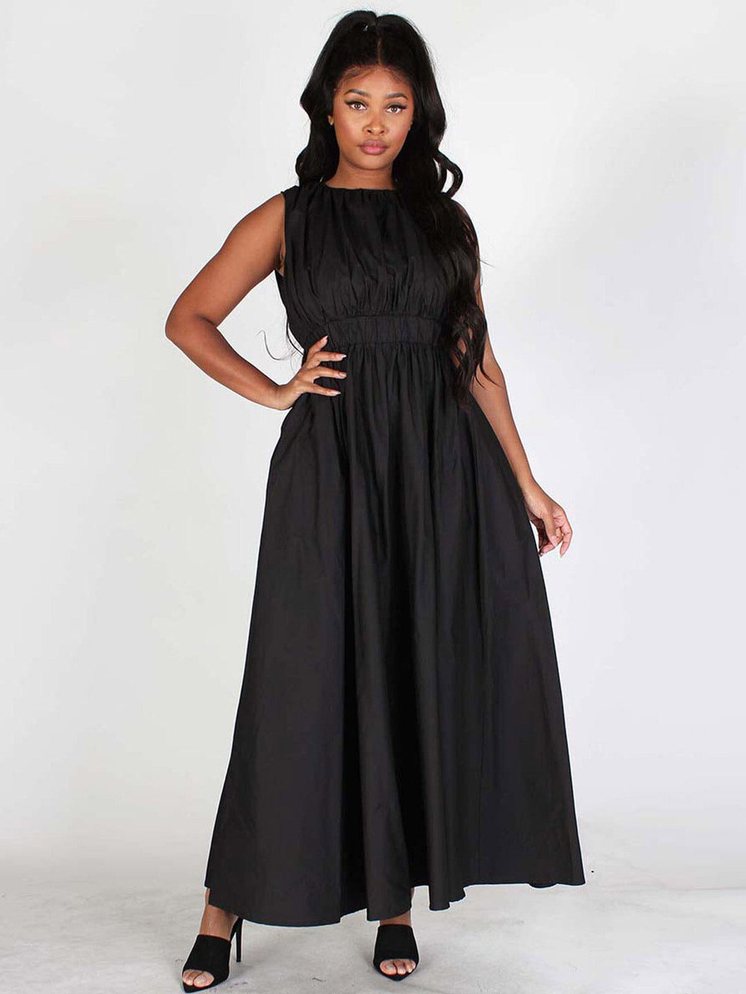 WOMEN'S REMOVABLE SLEEVES ELASTIC WAIST POCKETS MAXI DRESS