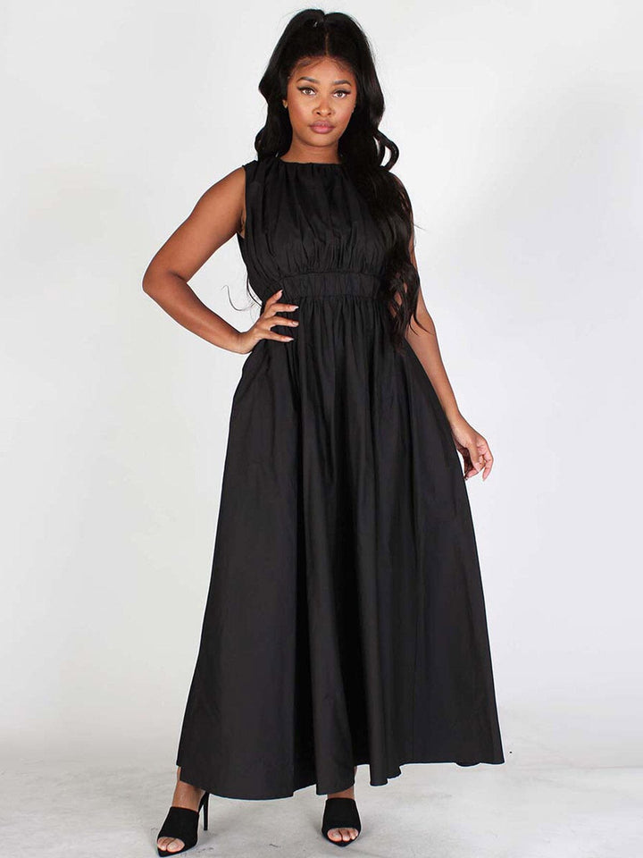 WOMEN'S REMOVABLE SLEEVES ELASTIC WAIST POCKETS MAXI DRESS
