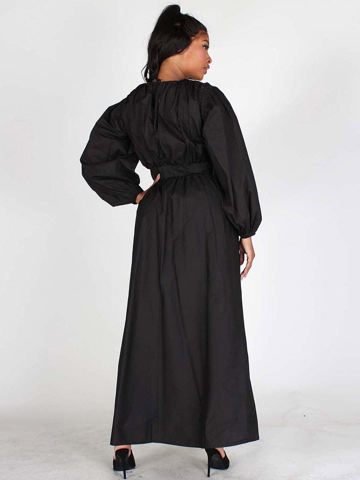WOMEN'S REMOVABLE SLEEVES ELASTIC WAIST POCKETS MAXI DRESS