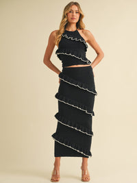 WOMEN'S HALTER NECK TOP & ELASTIC WAIST MAXI SKIRT RUFFLE TIERED KNIT 2PC. SET