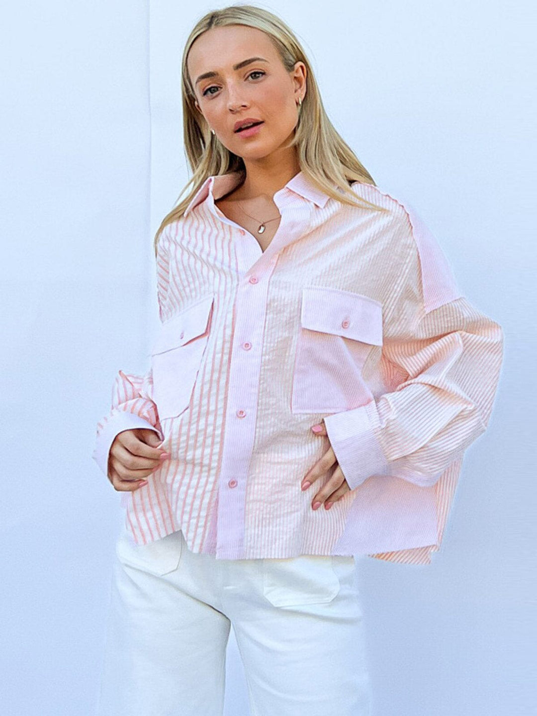 WOMEN'S LONG SLEEVE BUTTON UP FRONT POCKETS HIGH-LOW STRIPES TOP