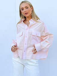 WOMEN'S LONG SLEEVE BUTTON UP FRONT POCKETS HIGH-LOW STRIPES TOP