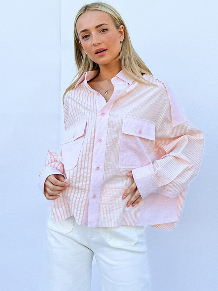 WOMEN'S LONG SLEEVE BUTTON UP FRONT POCKETS HIGH-LOW STRIPES TOP