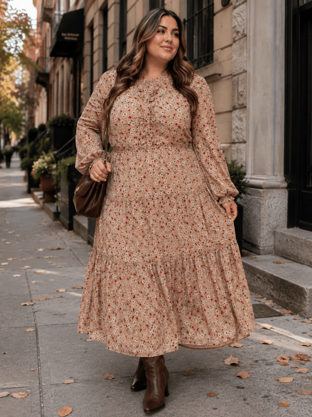 PLUS SIZE LONG SLEEVE BUTTON UP ELASTIC WAIST FLORAL TIERED MAXI DRESS