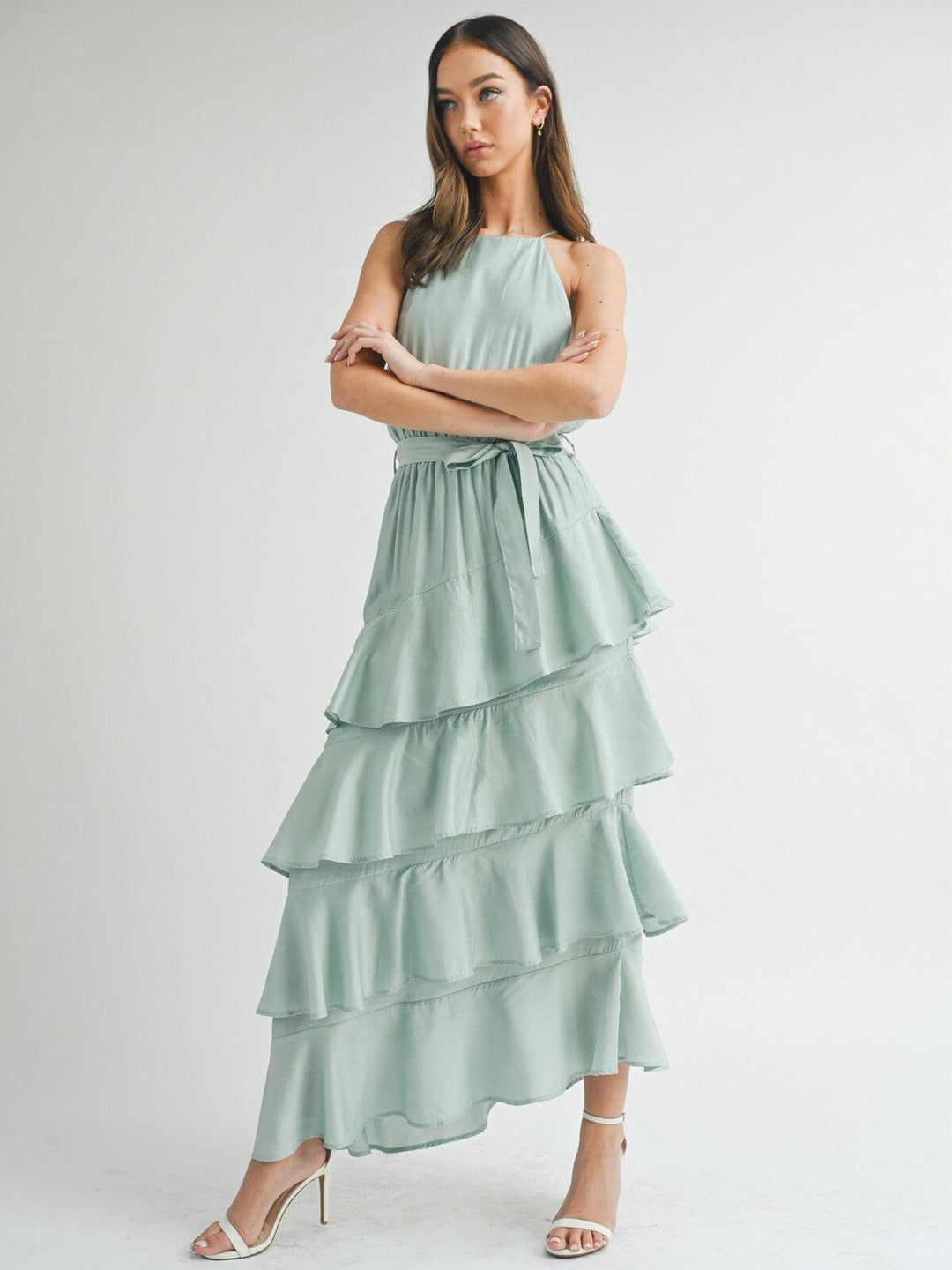 WOMEN'S SLEEVELESS TIERED RUFFLE MAXI DRESS