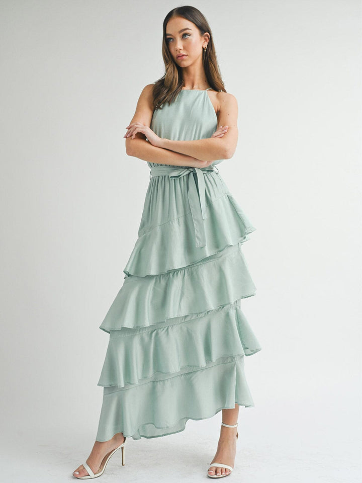 WOMEN'S SLEEVELESS TIERED RUFFLE MAXI DRESS