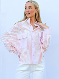 WOMEN'S LONG SLEEVE BUTTON UP FRONT POCKETS HIGH-LOW STRIPES TOP