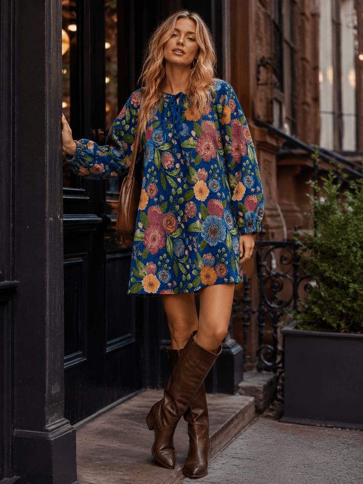 WOMEN'S LONG SLEEVE FRONT POCKETS STITCH FLORAL MINI DRESS