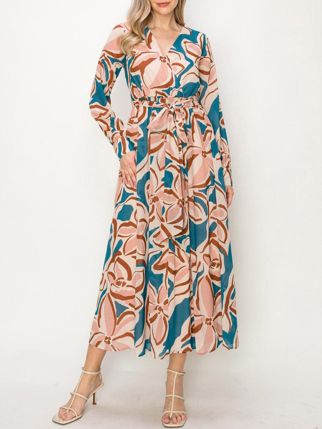 WOMEN'S LONG SLEEVE MULTI PRINT SURPLICE MAXI DRESS